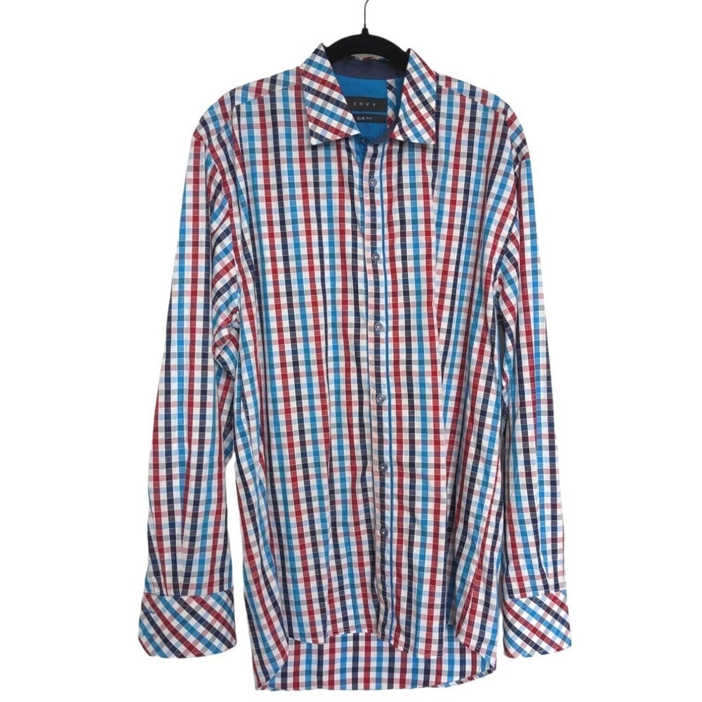 ENVY Shirt Mens Button Down Long Sleeve Checkered Slim Fit Blue Red Size XL